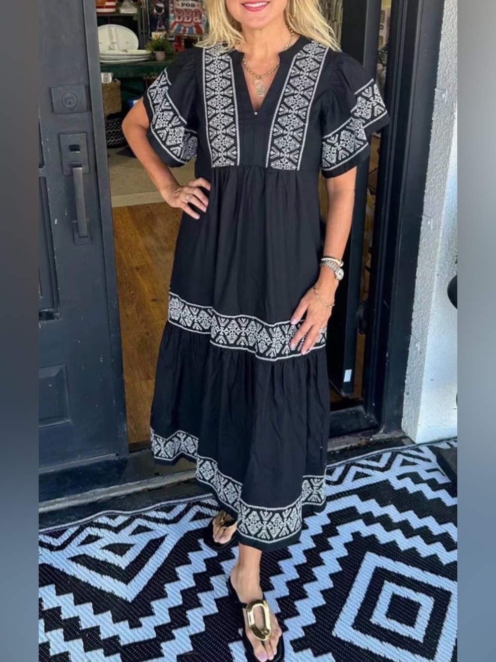 David & Nancy’s Black Embroidered Tiered Boho Maxi Dress Sz3X Lagenlook Normcore